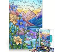 Jigsaw Puzzle 1000 Piece Mountain Flowers Stained Glass Fine Joint Fun Problem Solving Toy Quiet Game Time Xmas Decor Gift (50x75cm)