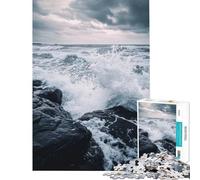 Jigsaw Puzzle 1000 Piece Ocean Waves Crashing on Rocks Jigsaw Puzzle 1000 Home Decoration Toys Perfect Decoration for Is Ideal As A Gifts (38x26cm)