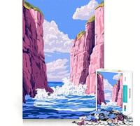 Jigsaw Puzzle 1000 Piece Peaceful Pastel Pink Cliffs Ocean Waves Landscape Minimalist Art Illustration Tight Fit Play Focus Training Fun Chill Play Time Xmas Leisure Gift (50x75cm)