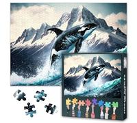Jigsaw Puzzle 1000 Piece Set for Adults and Teens Fantasy Animal Adventure Artwork Orca Killer Whale Snowboarding on Snowy Mountain Landscape Challenging Puzzle Game 27.5x19.7 Inch