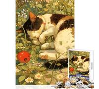 Jigsaw Puzzle 1000 Piece Sleeping Cat in Flowers Anti-Stress Toys Great Gift for Games for Educational Game Artists Collection, Fine Art Size 50x75cm