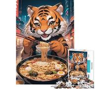 Jigsaw Puzzle 1000 Piece Tiger Eating Ramen Fun Activities at Home Hand Speed Race Educational Games for 14+ Puzzle Game Offered (50x75cm)