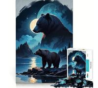 Jigsaw Puzzle 1000 Pieces Bear by The Lake Under Moonlight Exact Cut Play Logic Game Play Relax Time Game Xmas Art Gift (38x52cm)