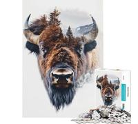 Jigsaw Puzzle 1000 Pieces Bison And Forest Double Exposure Brain Intelligence Challenge Addictive Toys Impossible Game Stress Reliever Gifts Ideas (Size 38x52cm)