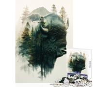 Jigsaw Puzzle 1000 Pieces Bison And Forest Double Exposure Jigsaw Puzzles for Adults Hand Speed Race Difficult And Challenge for Is Ideal As A Gifts (38x26cm)