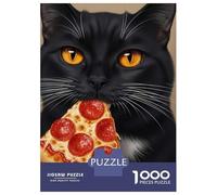 Jigsaw Puzzle 1000 Pieces Black Cat Eating Pizza Slice Adult Jigsaw Puzzle Brain Teaser Game Staycation Kill Time Deal As Gifts for The Whole Family 52x38cm/1000pcs