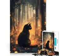 Jigsaw Puzzle 1000 Pieces Black Cat in Magical Forest Neat Fit Decor, Brain Teaser Gift, Peace Game Play, Christmas Art Piece (38x26cm)