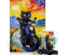 Jigsaw Puzzle 1000 Pieces Black Cat on A Motorcycle Neat Fit Decor, Brain Teaser Gift, Peace Game Play, Christmas Art Piece (50x75cm)
