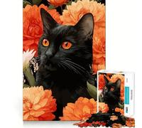 Jigsaw Puzzle 1000 Pieces Black Cat Surrounded by Orange Flowers Neat Fit Decor, Brain Teaser Gift, Peace Game Play, Christmas Art Piece (38x26cm)