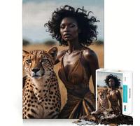 Jigsaw Puzzle 1000 Pieces Black Woman with Cheetah Neat Fit Decor, Brain Teaser Gift, Peace Game Play, Christmas Art Piece (50x75cm)