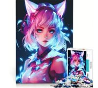 Jigsaw Puzzle 1000 Pieces Cat Girls Anime Neon, Brain Teaser Game, Birthday Present, with Fully Interlocking Randomly Shaped Pieces 38x52cm