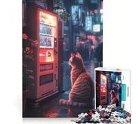 Jigsaw Puzzle 1000 Pieces Cat in Neon Rain, Brain Teaser Game, Birthday Present, with Fully Interlocking Randomly Shaped Pieces 38x26cm