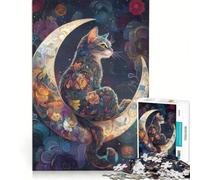 Jigsaw Puzzle 1000 Pieces Cat Sat on The Moon, Brain Teaser Game, Birthday Present, with Fully Interlocking Randomly Shaped Pieces 38x26cm