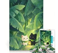 Jigsaw Puzzle 1000 Pieces Cats in The Jungle Illustration, Brain Teaser Game, Birthday Present, with Fully Interlocking Randomly Shaped Pieces 38x26cm