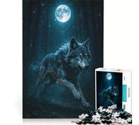 Jigsaw Puzzle 1000 Pieces Celestial Wolf Running Under The Moonlight in A Starry Forest, Brain Teaser Game, Birthday Present, with Fully Interlocking Randomly Shaped Pieces 38x52cm