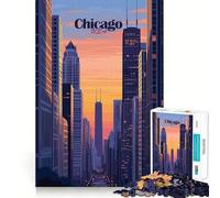 Jigsaw Puzzle 1000 Pieces Chicago Skyline Sunset Exact Cut Art Logic Puzzle Play Leisure Play Fun Christmas Wall Decor (38x26cm)