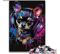 Jigsaw Puzzle 1000 Pieces Chihuahua DJ Neon Made of Wood, Fun Activity for at Home 50x75cm Brain Teaser Game for Teenagers, Perfect