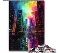 Jigsaw Puzzle 1000 Pieces Colourful City Made of Wood, Unique DIY Home Decor Gift Idea 50x75cm for Teenager & Families, Perfect DIY Decor & Brain-Teasing Challenge