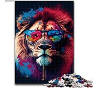 Jigsaw Puzzle 1000 Pieces Colourful Lion with Glasses Made of Wood, Idea, Humorous Artwork, Detailed Artwork 50x75cm for Birthday Holiday Christmas