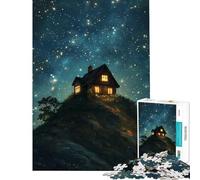 Jigsaw Puzzle 1000 Pieces Cozy Wooden House on A Hill Under A Starry Night Sky Help The Brain Exercise Home Decoration Anti-Stress Toys Suitable for Ages 14 And Up (38x52cm)
