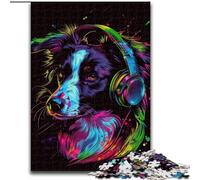 Jigsaw Puzzle 1000 Pieces DJ Neon Border Collie Made of Wood, Interactive Family Game, Suitable for Ages 14+ 50x75cm Brain Teaser Game for Teenagers, Perfect