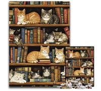 Jigsaw Puzzle 1000 Pieces for Adults Cat on The Bookshelf Cardboard Puzzles Gift DIY Fun Suitable for Home Living Room Office Decoration 26X38CM