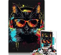 Jigsaw Puzzle 1000 Pieces for Adults Cat with Headphones Sunglasses Jigsaw,Stress Reliever Staycation Kill Time Parent-child Interaction 26x38cm