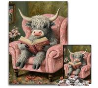 Jigsaw Puzzle 1000 Pieces for Adults Highland Cattle Reading A Book Wooden Puzzles Gift DIY Fun Suitable for Home Living Room Office Decoration 50X75CM