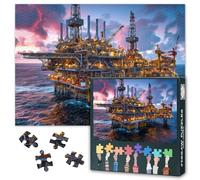 Jigsaw Puzzle 1000 Pieces for Adults Offshore Oil Rig Silhouette at Dramatic Sunset Industrial Seascape Petroleum Equipment Wall Art 27.5x19.7 Inch