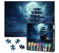 Jigsaw Puzzle 1000 Pieces for Adults Pirate Ship at Full Moon Old Sailing Vessel on Ocean Expedition Night Seascape Digital Art Tranquil Water Challenging Puzzle for Adults Nautical Decor Gift