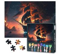 Jigsaw Puzzle 1000 Pieces for Adults Pirate Ship Battle at Sea with Fire and Smoke Epic Nautical Artwork Challenging Puzzle Game for Adults Family Night Activity Wall Decor Gift Idea 27.5x19.7in