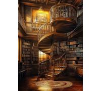 Jigsaw Puzzle 1000 Pieces for Adults Vintage Library with Spiral Staircase Filled Bookshelves Antique Clock and Painting Warm Golden Light Cozy Reading Room Decor 27.5x19.7 Inch