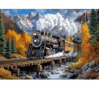 Jigsaw Puzzle 1000 Pieces for Adults Vintage Steam Locomotive Crossing Wooden Bridge Mountain Autumn Landscape Scenic Train Art Premium Paper Puzzle Relaxing Challenge 27.5 x 19.7 Inches
