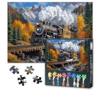 Jigsaw Puzzle 1000 Pieces for Adults Vintage Steam Locomotive Crossing Wooden Bridge Mountain Autumn Landscape Scenic Train Art Premium Paper Puzzle Relaxing Challenge 27.5 x 19.7 Inches