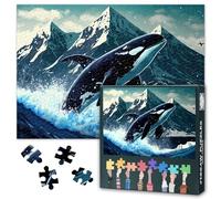 Jigsaw Puzzle 1000 Pieces for Adults Whimsical Winter Sports Art Featuring Orca Killer Whale Snowboarding Down Snowy Mountain Slope 27.5x19.7 Inch