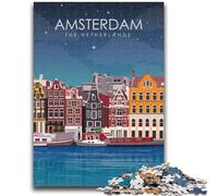 Jigsaw Puzzle 1000 Pieces for Teenagers Amsterdam at Night Travel Teenager Puzzles,with Matching Poster And Trivia Sheet for Ages 14+ (50x75cm)