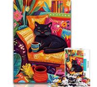 Jigsaw Puzzle 1000 Pieces for Teenagers Black Cat Drinking Coffee Teenager Puzzles,Educational Toys & Games for Adults And Teenagers (size 38x26cm)