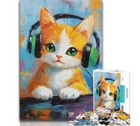 Jigsaw Puzzle 1000 Pieces for Teenagers Cat Listening to Music 1000 Piece Puzzle,with Matching Poster And Trivia Sheet for And Age 14 Years Up (size 38x26cm)