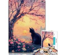 Jigsaw Puzzle 1000 Pieces for Teenagers Cat Under The Cherry Blossoms Teenager Puzzles,with Matching Poster And Trivia Sheet for Ages 14+ 75x50cm