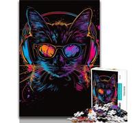 Jigsaw Puzzle 1000 Pieces for Teenagers Cat with Headphones Sunglasses Teenager Puzzles,Educational Toy Funny Family Games Unique Home Decor 38x26cm