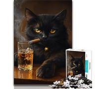 Jigsaw Puzzle 1000 Pieces for Teenagers Drinking Black Cat Teenager Puzzles,with Matching Poster And Trivia Sheet for Ages 14+ 38x26cm