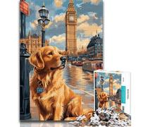Jigsaw Puzzle 1000 Pieces for Teenagers Golden Retriever Under Big Ben Puzzles,Challenging Difficult Deal As Gifts for The Whole Family (size 38x26cm)