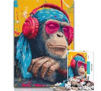 Jigsaw Puzzle 1000 Pieces for Teenagers Monkey with Headphones Adult Jigsaw,Stress Reliever Difficult Challenge Secret Santa Gifts (size 75x50cm)