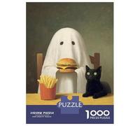 Jigsaw Puzzle 1000 Pieces Ghost, Cat, Burger, And Fries Painting Jigsaws for Adults Brain Teaser Game Improve Memory Deal As Gifts for The Whole Family 38x26cm/1000pcs