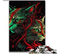 Jigsaw Puzzle 1000 Pieces Green And Red Cats Made of Wood, High-Difficulty Brain Teaser for Teenagers 50x75cm for Birthday Holiday Christmas