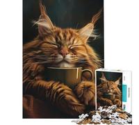 Jigsaw Puzzle 1000 Pieces Maine Coon Coffee Cup Cat Brain Intelligence Challenge Addictive Toys Impossible Game Stress Reliever Gifts Ideas (Size 75x50cm)