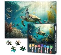 Jigsaw Puzzle 1000 Pieces Ocean Life Underwater Scene Featuring Turtle Swimming in Clear Blue Sea with Tropical Fishes and Coral Reef Sunlight Rays Large Puzzle for Adults 27.5x19.7 Inch