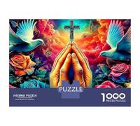 Jigsaw Puzzle 1000 Pieces Praying Hands with Cross And Doves Puzzles 38x26cm/1000pcs Toy for Adults And Kids Stress Reliever Family Game DIY Cardboard