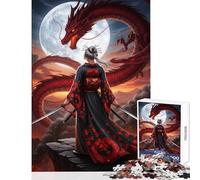 Jigsaw Puzzle 1000 Pieces Samurai Woman Facing Red Dragon Anti-Stress Toys Great Gift for Games Impossible Game Train Your Brain And Hands size 38x26cm