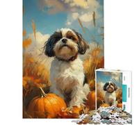 Jigsaw Puzzle 1000 Pieces Shih Tzu with Pumpkins Challenging To Complete But Fun And Humorous Toy Wall Decor for And 14 Years And over (38x52cm)